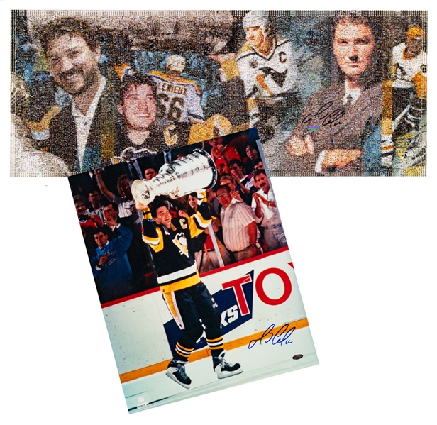 Mario Lemieux Signed Pittsburgh Penguins Mosaic Print with Lemieux Foundation COA and 16" x 20" Photo with Steiner COA