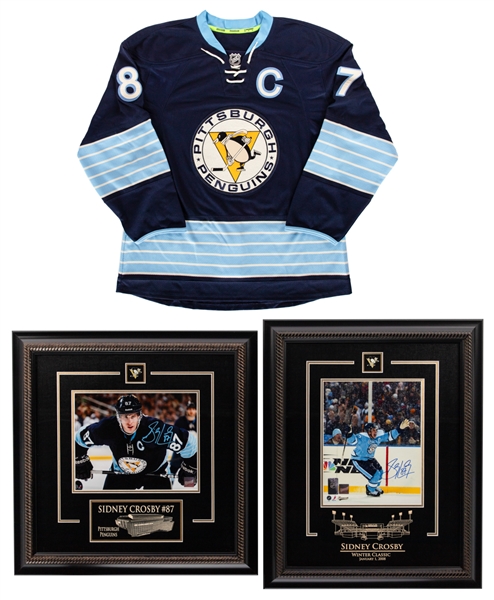 Sidney Crosby Signed Pittsburgh Penguins 2008 Winter Classic and "Face-Off" Framed Photos with COAs Plus Early-2010s Alternate Replica Captains Jersey 