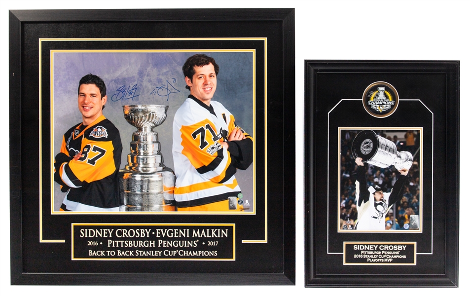 Sidney Crosby and Evgeni Malkin Signed Pittsburgh Penguins "Back to Back Stanley Cup Champions" Framed Photo Plus Crosby Signed 2016 Stanley Cup MVP Puck and Photo Framed Display with Frameworth COAs