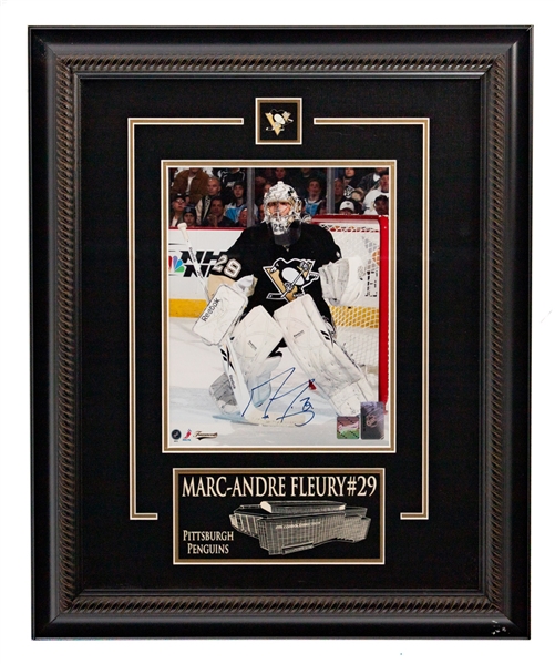 Marc-Andre Fleury Signed Pittsburgh Penguins Framed Photo Display with Frameworth COA (17" x 21") and Signed Poster (20" x 30") 