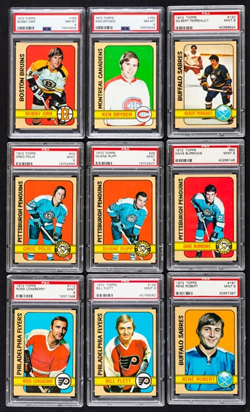 1972-73 Topps Hockey Complete 176-Card Set with 20 PSA-Graded Cards Including HOFers #100 Bobby Orr (NM-MT 8) and #160 Ken Dryden (NM-MT 8)