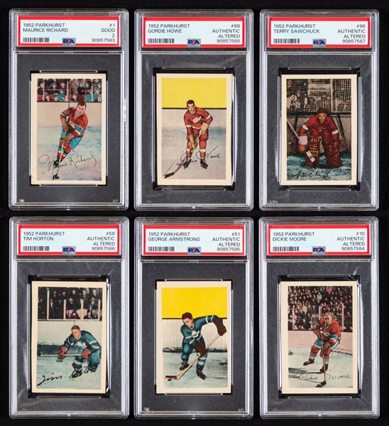 1952-53 Parkhurst Hockey Complete 105-Card Set with PSA-Graded Cards (6) Including HOFers #1 Richard, #10 Moore Rookie, #51 Armstrong Rookie, #58 Horton Rookie, #86 Sawchuk and #88 Howe