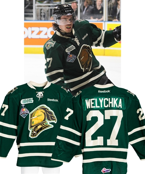 Brett Welychkas 2012-13 OHL London Knights Game-Worn Jersey - Good Game Wear! - Numerous Team Repairs! - 2013 Memorial Cup Patch! - Photo-Matched!