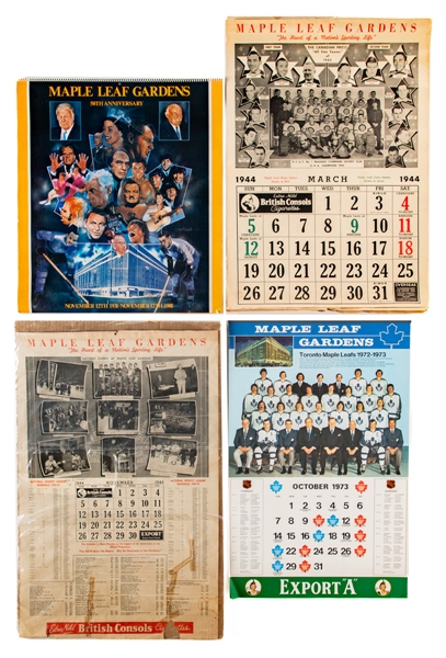 Toronto Maple Leafs 1973-74 to 1982-83 Maple Leaf Gardens Calendars (9) Plus 1950s to 1970s Gardens and Montreal Forum Calendar Pages (65+) Including Signed Examples