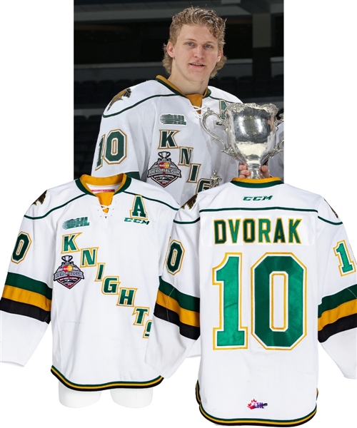 Christian Dvoraks 2015-16 OHL London Knights Game-Worn Alternate Captains Jersey - 2016 Memorial Cup Patch! - Photo-Matched!