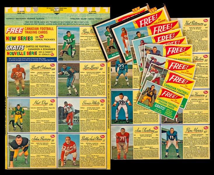 1963 Post CFL Football Uncut Cereal Box Back / Panels (2 - 14 Cards) Plus 1963 Box Front Cards (10) Plus Checklist From Box and Other Assorted Items