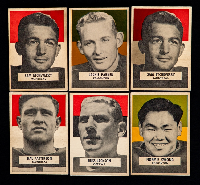 1959 Wheaties CFL Football Cards (40) Including HOFers Sam Etcheverry (2), Jackie Parker, Dick Shatto (2), Vince Scott (3), Hal Patterson, Russ Jackson, Normie Kwong, Rollie Miles (2) and Leo Lewis 