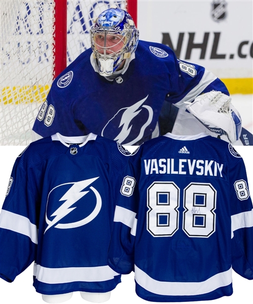 Andrei Vasilevskiys 2018-19 Tampa Bay Lightning Signed Game-Worn Stanley Cup Playoffs Jersey - Photo-Matched!