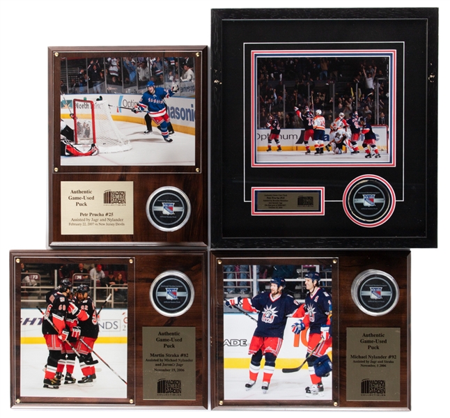 Martin Strakas, Michael Nylanders and Petr Pruchas (2) 2006-07 New York Rangers NHL Goal Pucks on Plaques Displays (4) - All Assisted by Jaromir Jagr!