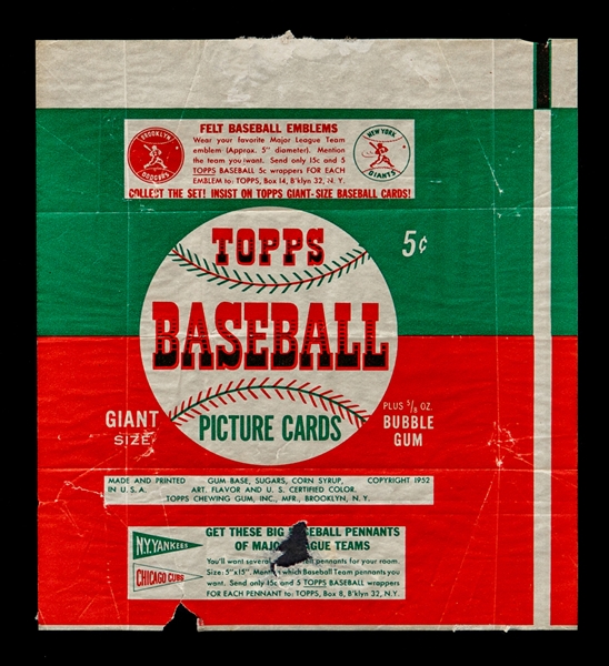 1952 Topps Baseball Card 5 Cents Wrapper - Mickey Mantles First Topps Card Year!