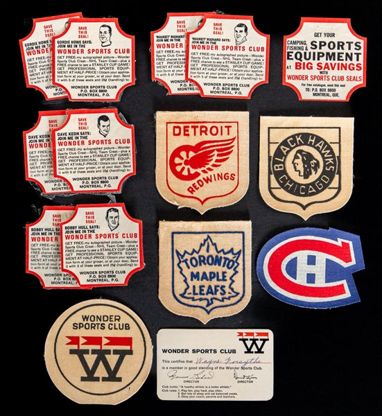 1962-64 Wonder Bread Sports Club Hockey 4-Wrapper Sets (2) Featuring Howe, Richard, Hull and Keon Plus Crests (5), Catalog Equipment Offer Wrapper and Membership Card