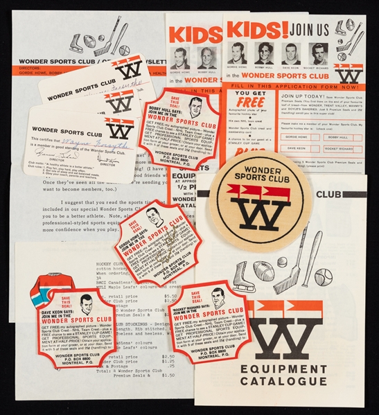 1962-64 Wonder Bread Sports Club Hockey 4-Wrapper Sets (3) Featuring Howe, Richard, Hull and Keon Plus Extra Signed Howe Example, Crest, Catalog Equipment and Membership Cards (3)