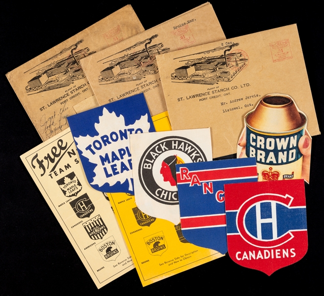 Bee Hive 1934-43 Premium NHL Team Shields / Crests (4), Order Forms (2) and St. Lawrence Starch Envelopes (4)