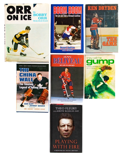 Deceased HOFer Signed Book Collection of 4 including Jean Beliveau, Boom Boom Geoffrion, Gump Worsley and Johnny Bower Plus Books Signed by Ken Dryden and Theo Fleury