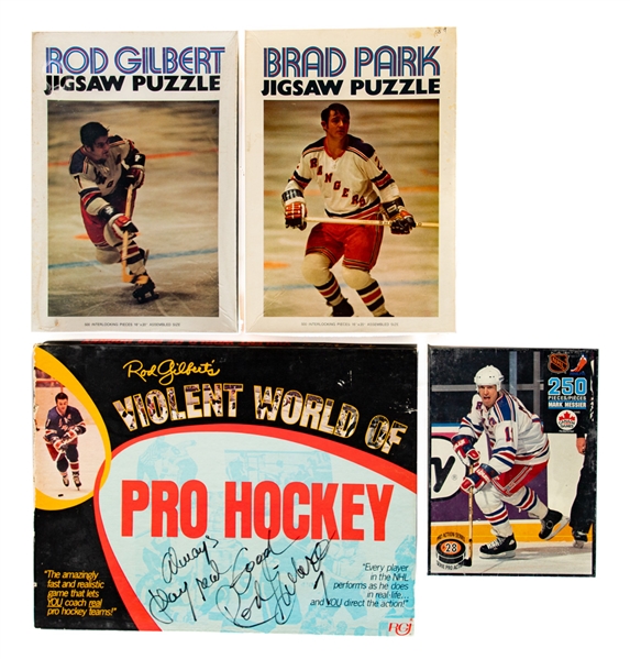 Rod Gilberts Violent World of Pro Hockey Signed Board Game Plus Rod Gilbert (Sealed), Mark Messier (Sealed) and Brad Park New York Rangers Puzzles