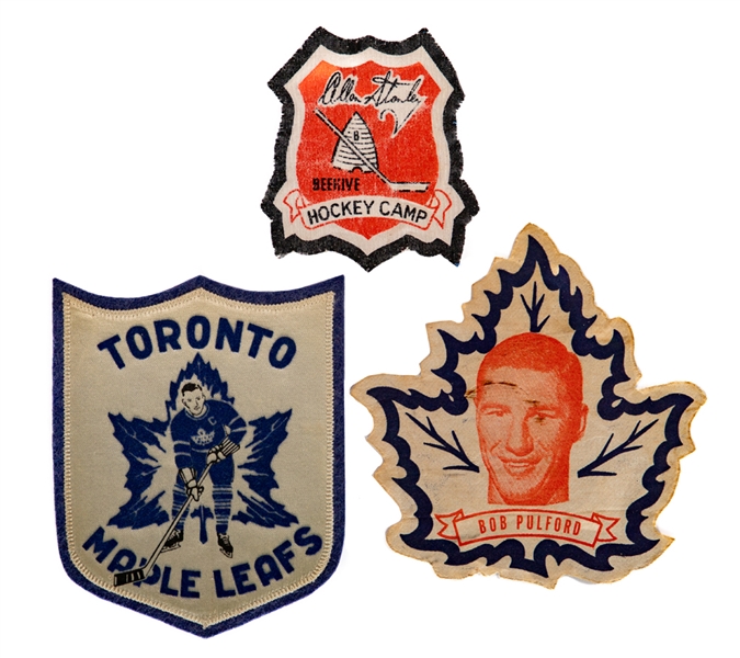 1950s Ted Kennedy Toronto Maple Leafs Crest, 1960s Bob Pulford Maple Leafs Crest and C. Late-1960s Allan Stanley Beehive Hockey Camp Crest with Camp Brochure
