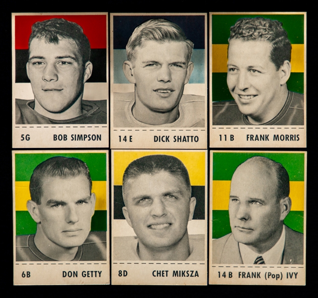 1956 Shredded Wheat CFL Football Cards (24) Including HOFers #14E Dick Shatto, #5G Bob Simpson and #11B Frank Morris