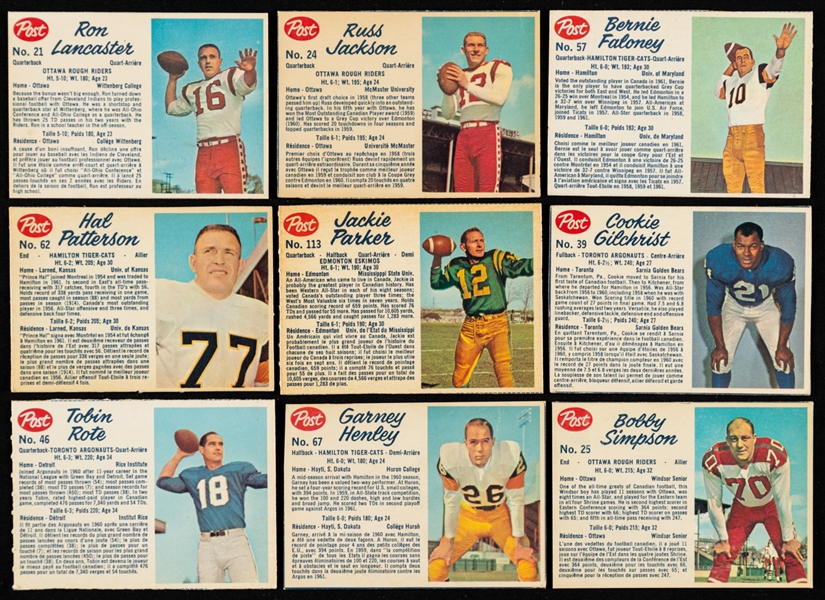 1962 Post CFL Football Cards Starter Set (71/137) and Extras (60) - Extras Includes Jackson (3), Faloney (3), Patterson (2), Parker (8), Rote (2) and Henley (2)