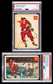 1954-55 Parkhurst Hockey Card #41 HOF Gordie Howe (Graded PSA 3) and 1954-55 Parkhurst Hockey Card #92 Lum Stops Howe (Graded PSA 5)