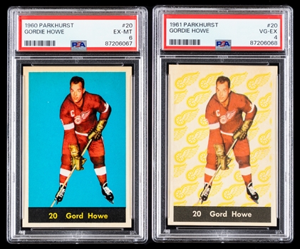 1960-61 Parkhurst Hockey Card #20 HOF Gordie Howe (Graded PSA 6) and 1961-62 Parkhurst Hockey Card #20 HOFer Gordie Howe (Graded PSA 4)