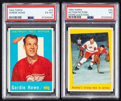 1959-60 Topps Hockey Card #63 HOF Gordie Howe (Graded PSA 6) and 1959-60 Topps Hockey Card #48 Howe and Evans (Graded PSA 7)