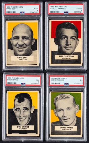 1959 Wheaties CFL PSA-Graded Football Cards (7) Including HOFers Sam Etcheverry (EX-MT 6), Jackie Parker (EX 5), Bernie Faloney (EX 5), Vince Scott (EX-MT 6) and Normie Kwong (VG-EX 4)