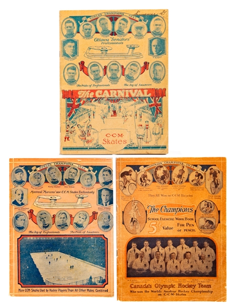 Vintage CCM Hockey Scribblers (3) Including 1924 World Champions Team Canada Hockey Team, 1925-26 Stanley Cup Champions Montreal Maroons and 1926-27 Stanley Cup Champions Ottawa Senators