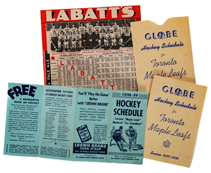 Toronto Maple Leafs 1936-37 Labatts NHL Schedule with Team Picture, 1937-38 Toronto Maple Leafs Globe NHL Schedule and 1938-39 Canada Starch Co. Maple Leafs/Canadiens NHL Schedule