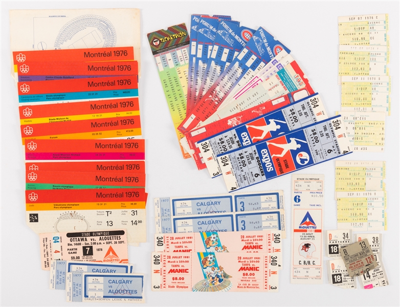 1970s/80s Montreal Canadiens/Expos/Manic/Alouettes Ticket Stub Collection of 30+ including 11 1976 Montreal Summer Olympics Tickets and 1981 Expos NLCS Game 3 Full Tickets (2)