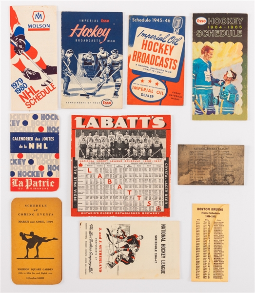 1920s to 1970s NHL Schedules Collection of 10 Including Esso/Imperial Oil + 1950-51 Boston Bruins Ticket Stubs (2)