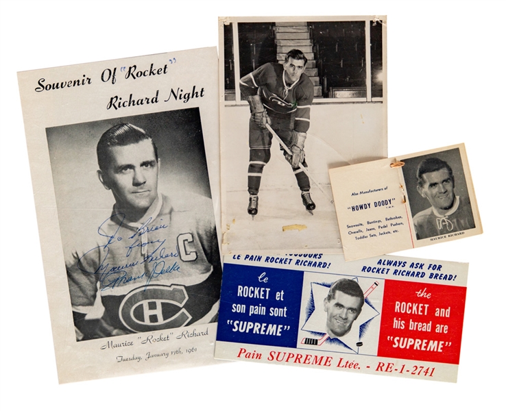 Vintage Maurice Richard Memorabilia Collection Inc. Early-1950s Daoust Premium Picture, Signed 1961 Rocket Richard Night Program Cover with Selke, David Bier Photo, 1954-55 Mini Booklet/Tag and More!