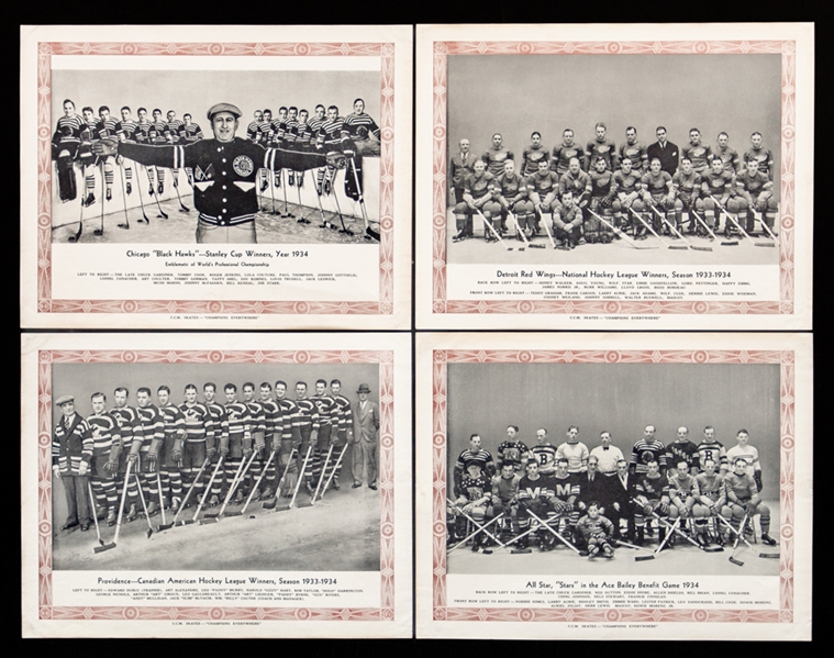 1933-34 CCM Brown Border Hockey Team Pictures Near Complete Set with Mailing Envelopes (2) and Foster Hewitt Ad (13 Pieces Total)