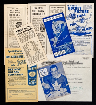 Bee Hive NHL Hockey Picture Mid-1930s to 1966 Checklists (22), 1949-51 Bee Hive Rings Order Form and Assorted Bee Hive Items Including Labels, Pamphlets and Letters (13 Pieces)