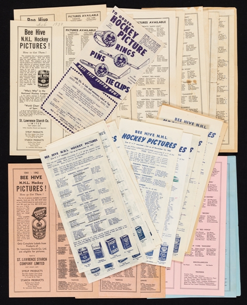 Bee Hive NHL Hockey Picture Mid-1930s to 1966 Checklists (39) Plus 1949-51 Bee Hive Rings Order Form 