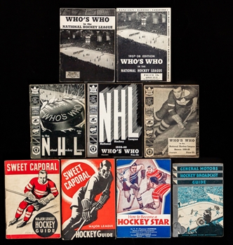 Bee Hive Whos Who in the NHL 1936-37 to 1940-41 Booklets (5), 1933-34 General Motors Guide with Folding Schedule, 1939-40 and 1940-41 Sweet Caporal Hockey Guides and 1935 Crown Brand Hockey Booklet