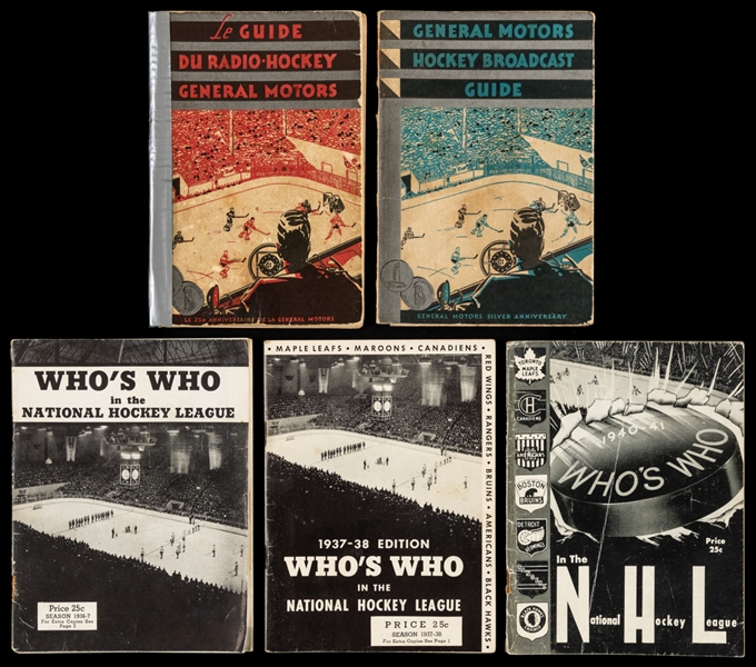 Bee Hive Whos Who in the NHL 1936-37 to 1940-41 Booklets (3), 1933-34 General Motors Guides w/ Folding Schedules (Both Versions), 1939-40 and 1940-41 Sweet Caporal Hockey Guides + Other Booklets (3)