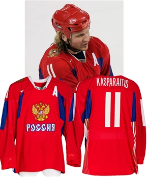 Darius Kasparaitis 2006 Turino Winter Olympic Games Team Russia Alternate Captains Game-Worn Jersey from His Personal Collection with His Signed LOA - Photo-Matched to Bronze Medal Game!