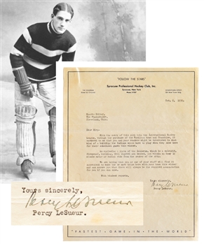 Deceased HOFer Percy LeSueur Signed October 6th 1930 IHL Syracuse Stars Letterhead with LOA - Scarce Signature!