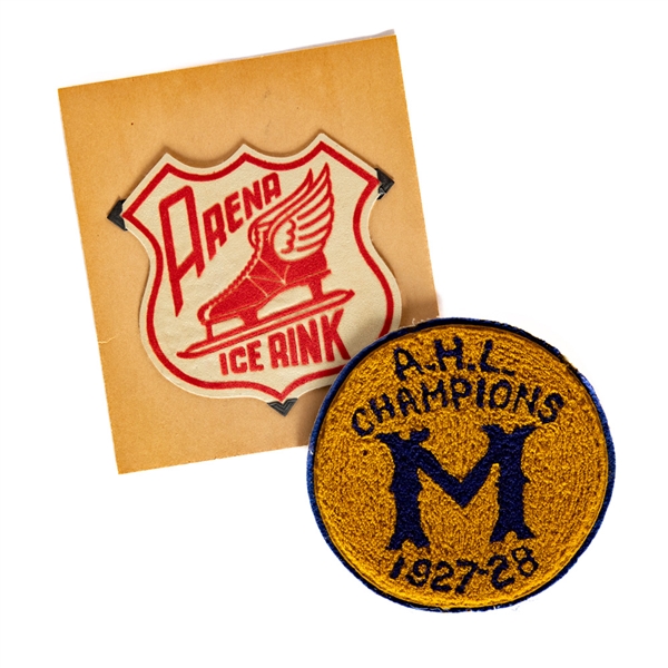 1927-28 AHA Minneapolis Millers AHL Champions Embroidered Patch (Cooney Weiland and Tiny Thompson) and Vintage Arena Ice Rink Patch