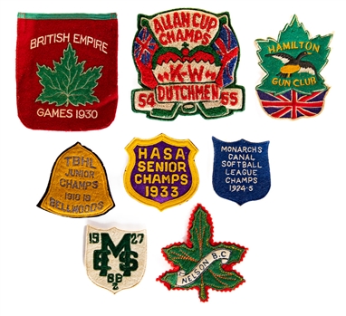 1954-55 Kitchener-Waterloo Dutchmen Allan Cup Champs Embroidered Jacket Patch, 1930 British Empire Games Blazer Patch Plus Assorted 1910s/1930s Patches (6)