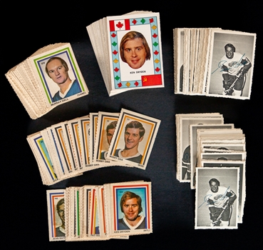 1970-71 O-Pee-Chee Hockey Deckle Edge Complete 48-Card Set and Extras (34), 1972-73 OPC Team Canada 28-Card Set and 1972-73 Eddie Sargent Hockey Stamps (325+) Including Bobby Orr (10 Stamps)