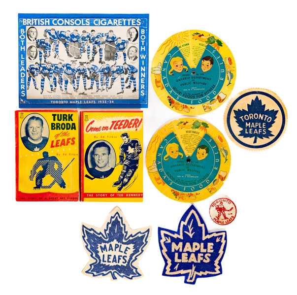 Vintage and Modern Toronto Maple Leafs Hockey Team Crests/Patches (15) Plus Memorabilia Incl. 1933-34 British Consols Team Pictures (2) and Canada Food Rules Wheels (2) with Syl Apps and Ted Kennedy