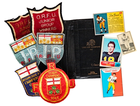 Vintage 1930s and 1940s Ontario Rugby Football Union Team Jackets/Coats Patches (6), 1948 Tiger Juniors Cigarette Case, Tommy Grants 1963 Grey Cup Tiger Cats Wallet and Football Cards (4)