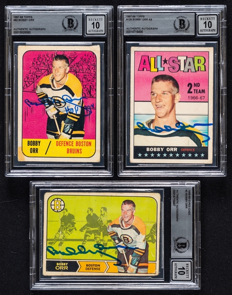 1967-68 Topps (2) and 1968-69 O-Pee-Chee Signed Hockey Cards (3) of HOFer Bobby Orr (Beckett Certified Authentic Autographs - Autographs Graded 10)