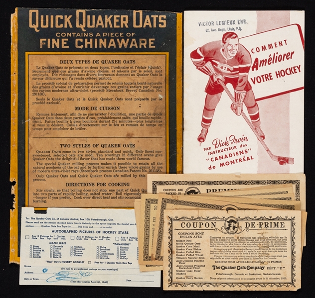 Quaker Oats Hockey Photos 1948 Order Form, 1947-48 Dick Irvin Booklet, Quaker Oats 1929 to 1941 Premium Coupons (7) and Vintage Quick Quaker Oats Box Label