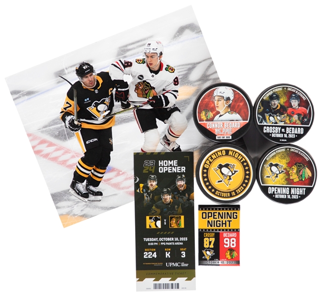 Connor Bedard October 10th, 2023 Chicago Blackhawks/NHL Debut Memorabilia Collection of 7 Including Pucks (4), Commemorative Ticket, Magnet and Photograph