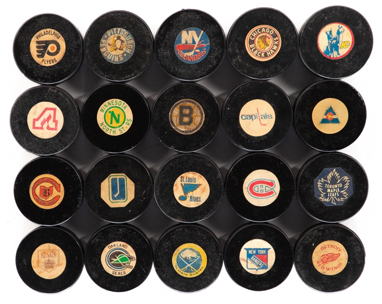 1969-1977 Art Ross / Converse NHL Game Puck Collection of 20 - Every Team From 1969-77! 