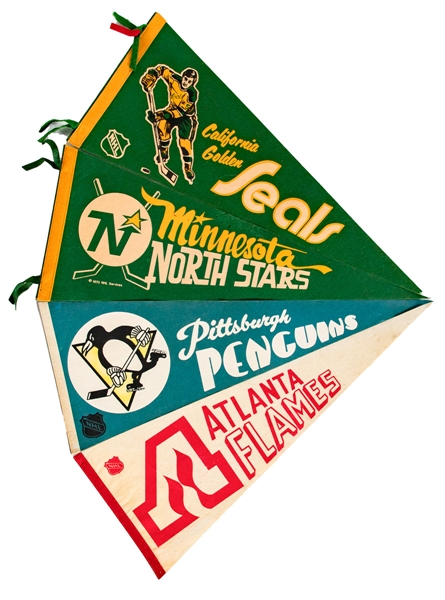 Vintage NHL Hockey Pennants (15) Including California Golden Seals, Pittsburgh Penguins, Minnesota North Stars, Atlanta Flames and Colorado Rockies