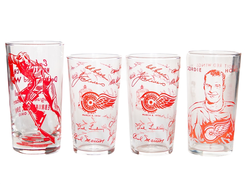 Vintage Red Wings Glasses Inc. Howe York Peanut Butter, 1948 Exhibition Game and 1953-54 Stanley Cup Champs Glasses (2)