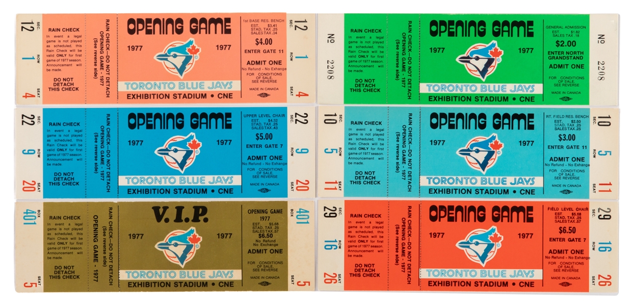 Toronto Blue Jays April 7th 1977 Inaugural Game Full Tickets (6) - Includes Each of the Six Colour Variations